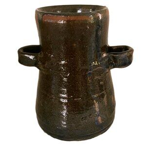 4/$20 Handcrafted 2 Handle Ceramic Mini Vase With a Brown Glaze